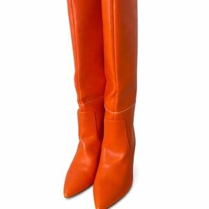 Orange Over-The-Knee Pointed Toe Boots — Sleek High-Fashion Silhouette